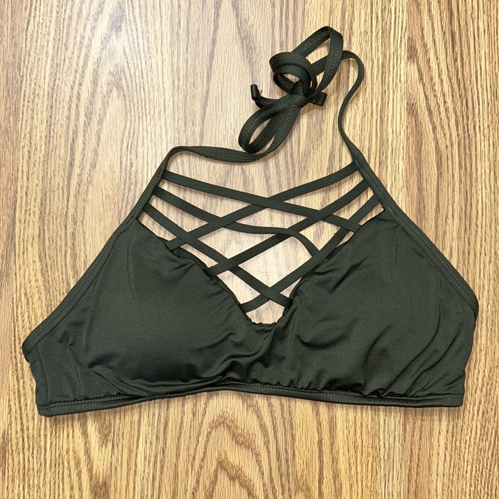 Mossimo Bikini Top Size M Dark Olive Green Lattice Front Halter Padded